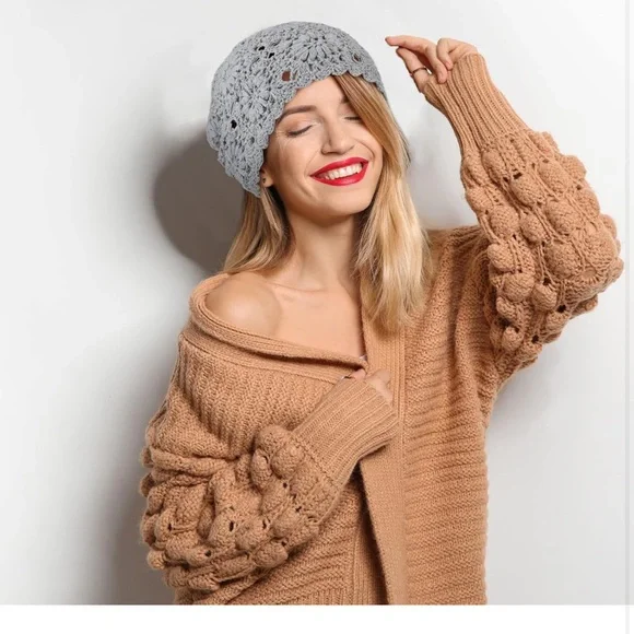 Beige Handmade Knit Floral Skull Cap Cotton Cutout Summer Hats for Women … - Picture 2 of 11